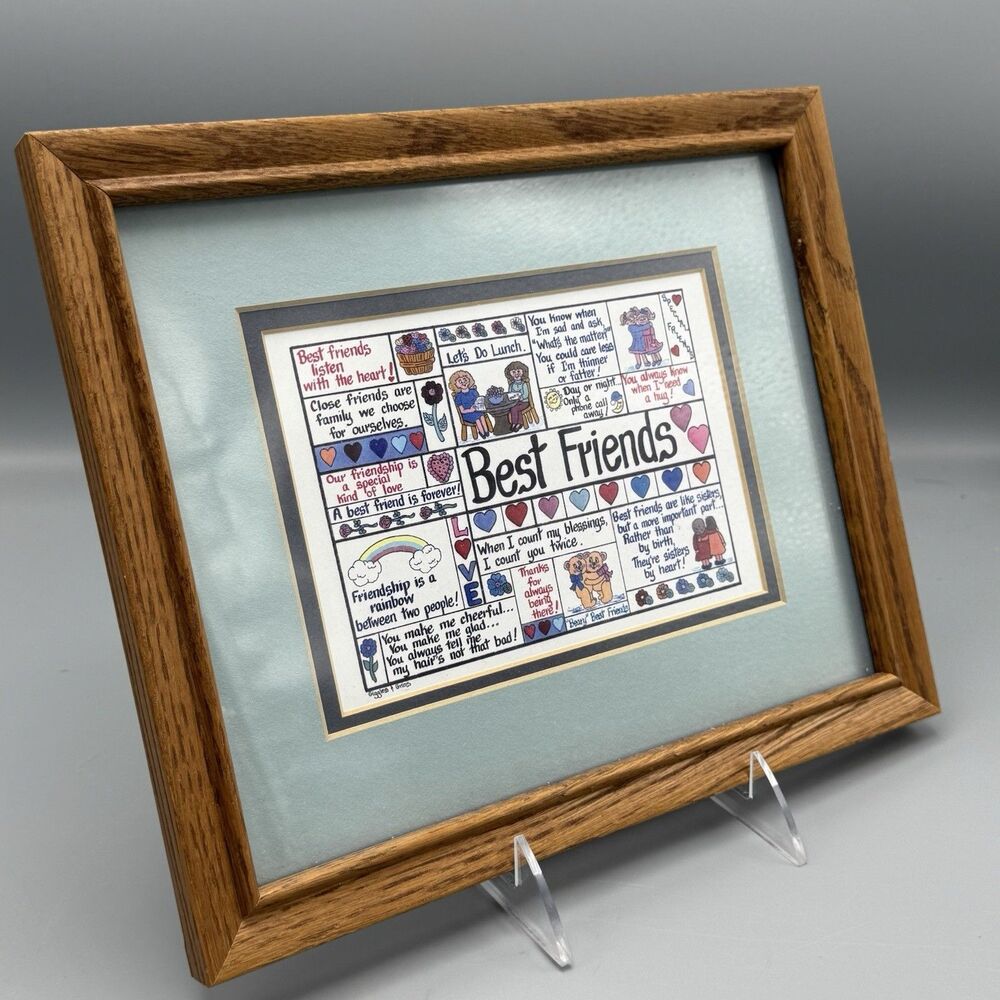 Giggles & Grins Wood Frame Matted Best Friends Print Friendship Love Kitschy Art - Picture 1 of 8